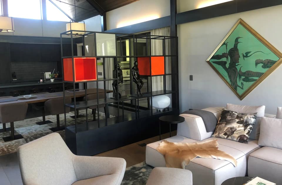 Black steel open shelving screen used as a room divider between a living room and hallway
