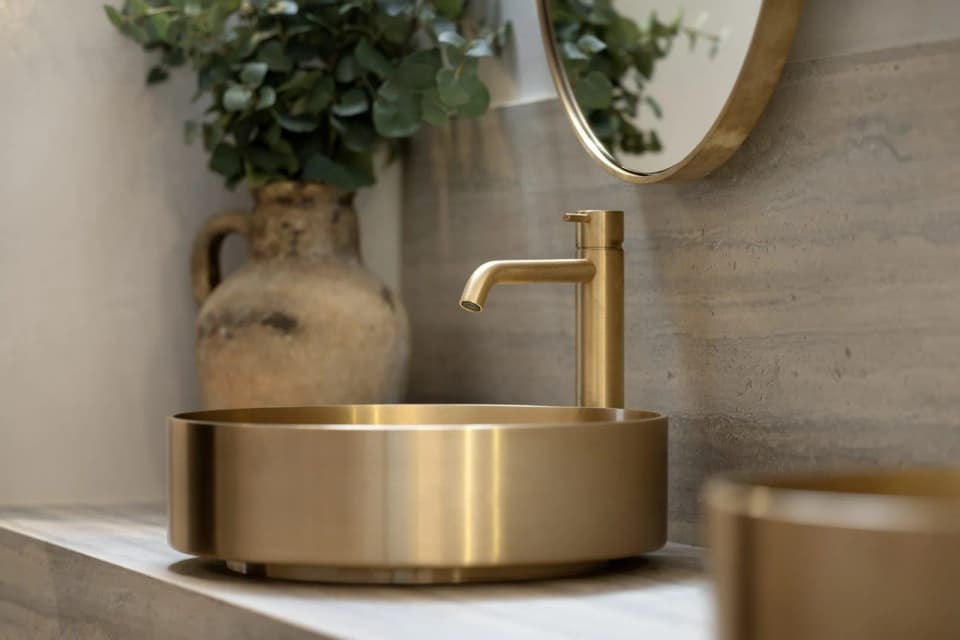 Close-up of a brushed brass vessel basin and tall brass tap